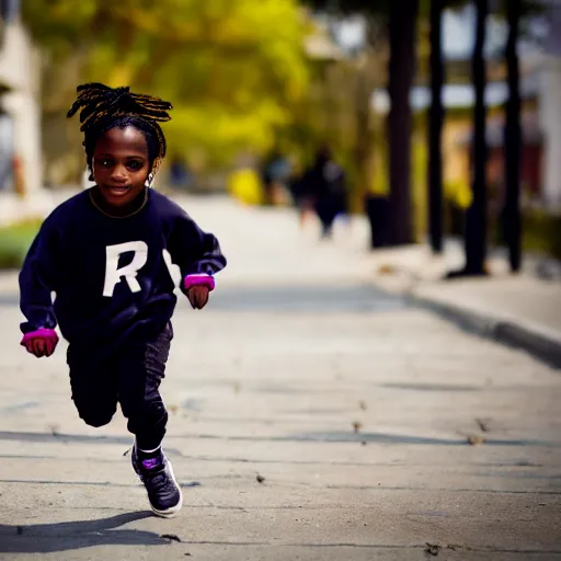 Image similar to portrait of midget a $ ap rocky running down a sidewalk, sharp focus, 4 k professional photograph, soft lighting