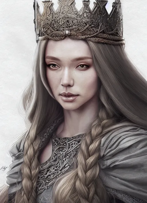 Prompt: lovely nordic medieval queen with long hair, character portrait, sketch, concept art, intricate details, highly detailed photorealistic, portrait, in the style of adam hughes, seseon yoon, artgerm and warren louw