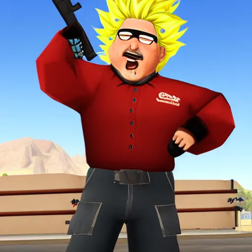 Image similar to an in-game Screenshot of Guy Fieri as a character in Team Fortress 2 (2007)