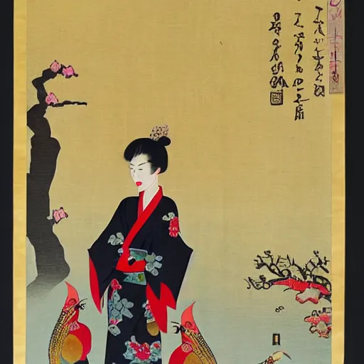 Image similar to urban fantasy portrait of the androgynous deity of hospitality, wearing a kimono painted with cranes, performing chadō