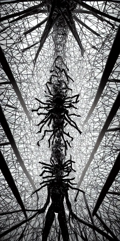 Image similar to inside the temple of the virus god cult. large crystalline statue of a t 7 bacteriophage dominates the scene. horrifying beauty. behold the great virus! award - winning photograph. beautifully elegant nightmare architecture. a shaft of light illuminates the virus idol. sharp focus. hyper realistic perfect composition. melancholic masterpiece