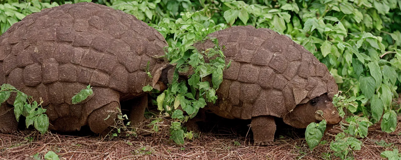 Prompt: a glyptodon eating from a spaghetti plant, pre - historic, in the style of carl warner, canon 5 0 mm, kodachrome,