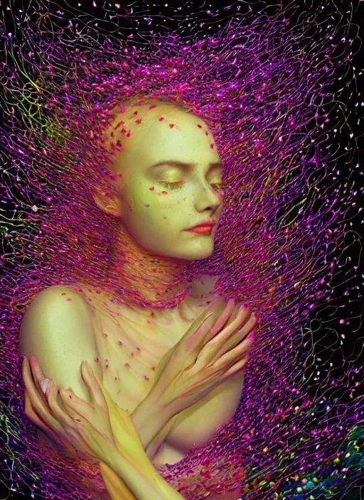 Image similar to hyper detailed 3d render like a Oil painting - Aurora (Singer) Eats of the Strangling Fruit of penance open eyes and Her Hands full of gossamer polyp blossoms bring iridescent fungal flowers whose spores black the foolish stars by Jacek Yerka, Mariusz Lewandowski, Houdini algorithmic generative render, Abstract brush strokes, Masterpiece, Edward Hopper and James Gilleard, Zdzislaw Beksinski, Mark Ryden, Wolfgang Lettl, hints of Yayoi Kasuma, octane render, 8k