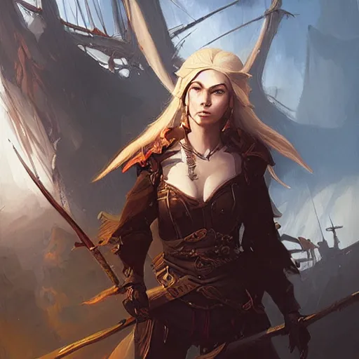 Prompt: a beautiful painting of an epic fantasy style female pirate elf, ship backdrop, oil painting, Tooth Wu, Greg Rutkowski, RPG portrait, dynamic lighting, fantasy art, High contrast, depth of field