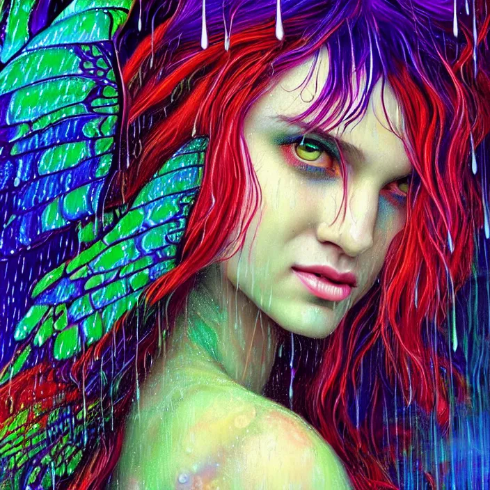 Image similar to bright psychedelic portrait with rain on face and wet hair, wings, smiling, diffuse lighting, fantasy, intricate, elegant, highly detailed, lifelike, photorealistic, digital painting, artstation, illustration, concept art, smooth, sharp focus, art by John Collier and Albert Aublet and Krenz Cushart and Artem Demura and Alphonse Mucha