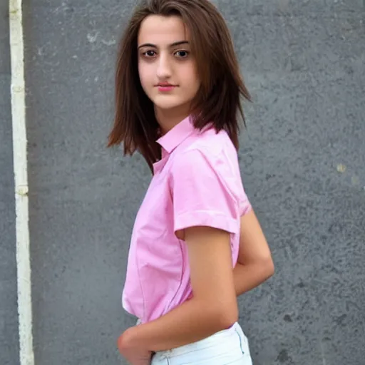 Image similar to 1 9 years old slim straight brown hair gabriella papadakis, neck wrinkles, wearing white jean and pink shirt