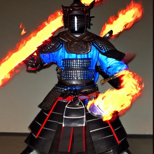 Prompt: a samurai with a black armour with glowing blue edges and a fire sword.