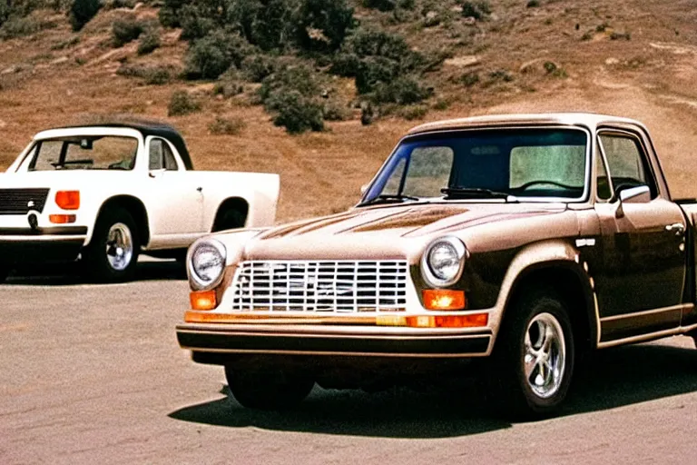 Image similar to 1975 pickup truck (((((((Porsche))))))) 959 movie still, speed, cinematic Eastman 5384 film