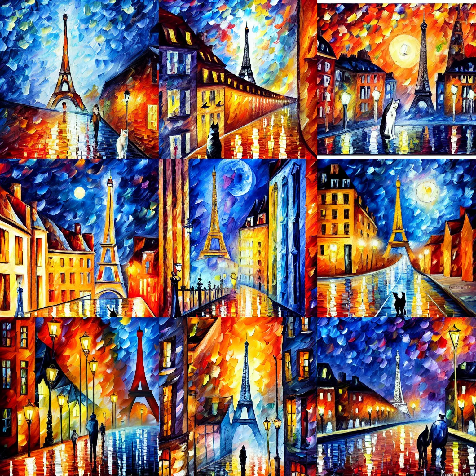 Prompt: a cat walk on a roof in paris, the moon shine in the sky, the effeil tower is in the background, in the style of leonid afremov, knife - painting. trending on art station. high details