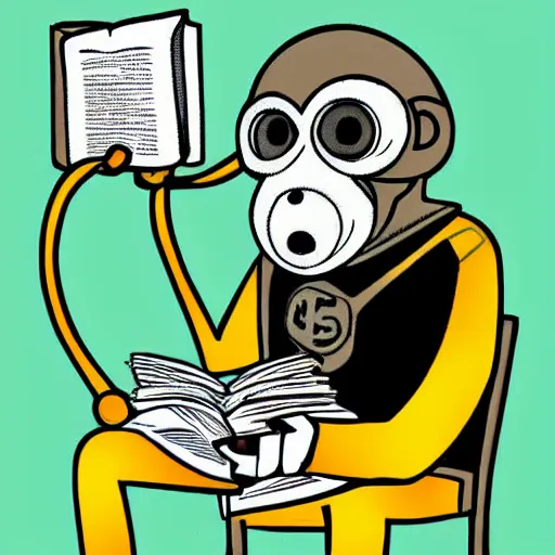 Image similar to a single Monkey reading a book, wearing a gas mask, graffiti, edge to edge, solid color background intricate, highly detailed, smooth, sharp focus, detailed face and body, high contrast