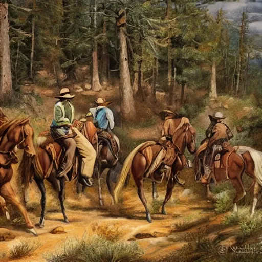 Prompt: cowboys-fighting on the mountain trail on the style Fredrick Remington