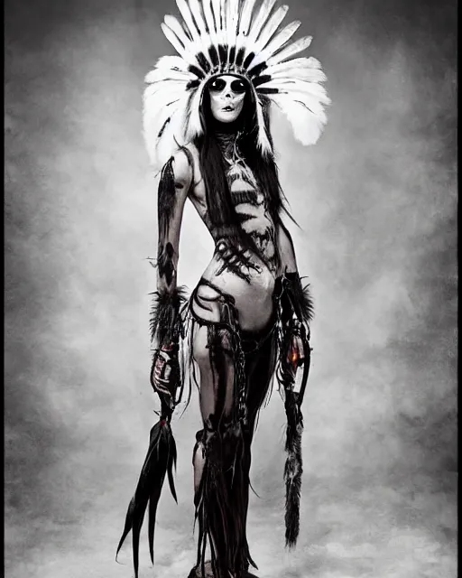 Prompt: lady native sisters ghost - spirit of the grim - warpaint wears the scarlet skull armor and native blood headdress feathers, midnight fog - mist!, cinematic lighting, various refining methods, micro macro autofocus, ultra definition, award winning photo, photograph by ghostwave - gammell - giger - shadowlord