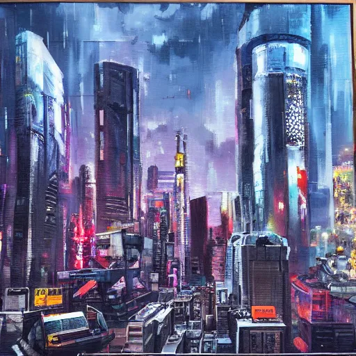 Prompt: a cyberpunk city after a nuclear war, oil painting