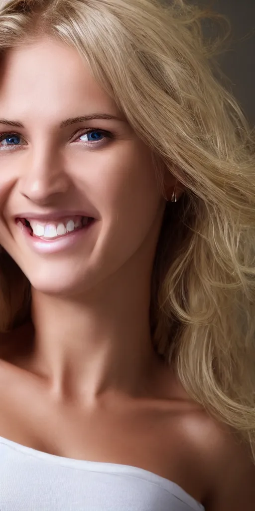 Prompt: blonde white woman smiling, hd, realistic