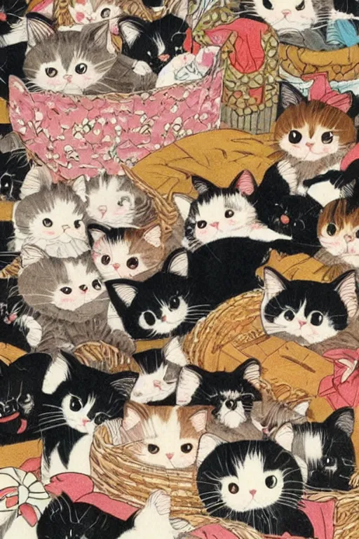 Image similar to Piles of cats, Kawaii Japanese illustration, 1980s