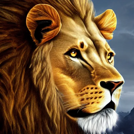 Image similar to high realistic portrait of a lion warrior, highly detailed, epic, dark, 4k