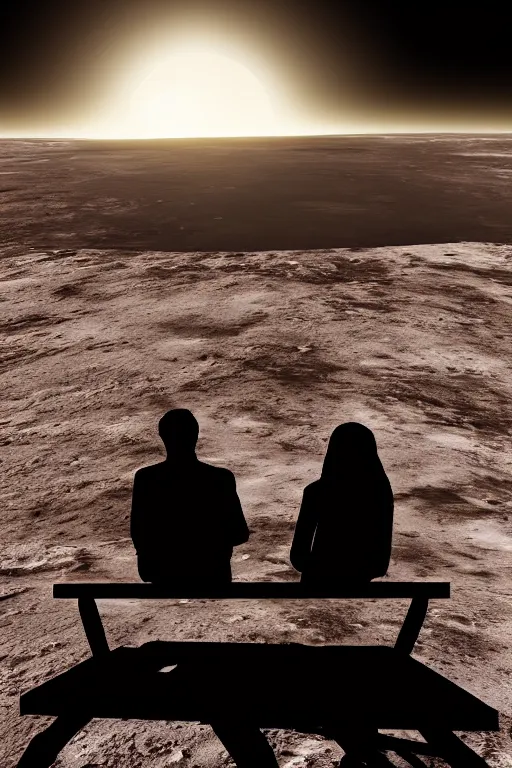 Image similar to Silhouette of a Couple sitting on a bench on the moon with a view of planet earth, photorealistic, high resolution, award winning, trending on artstation.