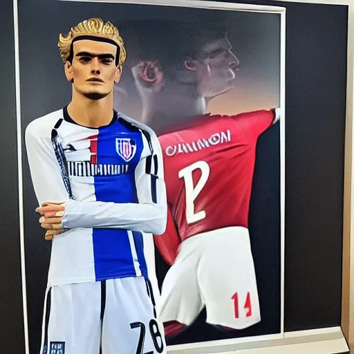 Prompt: a realistic detailed photo of a guy who is an attractive humanoid who is half robot and half humanoid, who is a male android, soccer player antoine griezmann, shiny skin, posing like a statue, blank stare, in a living room, on display, showing off his muscles