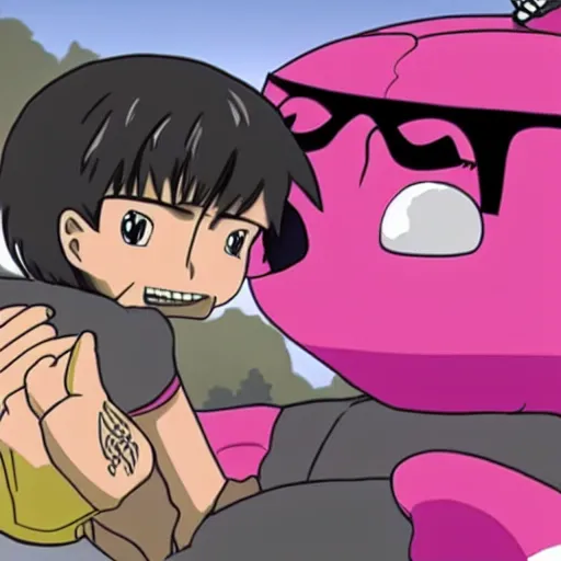 Prompt: george soros wrestling with pink guy played by george miller anime stlye