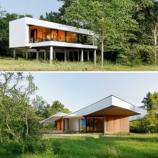 Image similar to white modern farmhouse villa with farmhouse treehouse in the center