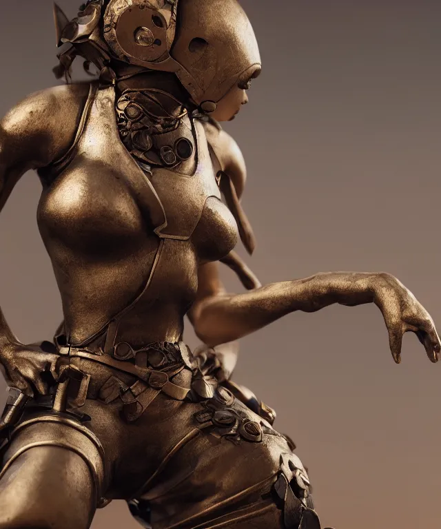 Image similar to A beautiful girl makes bronze gear, 50mm photo, soft light, highly detailed, motion blur, trending on artstation, balanced composition