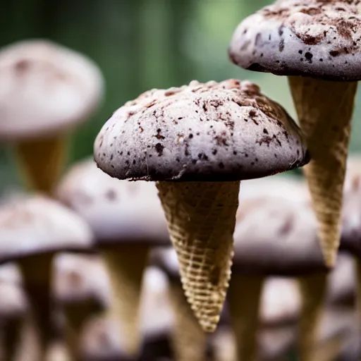 Image similar to a sharp photograph of a clump of rocky road ice cream cones growing in the deep lush forest like mushrooms. Shallow depth-of-field, dramatic light