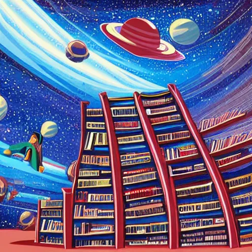 Prompt: panting of book store in space