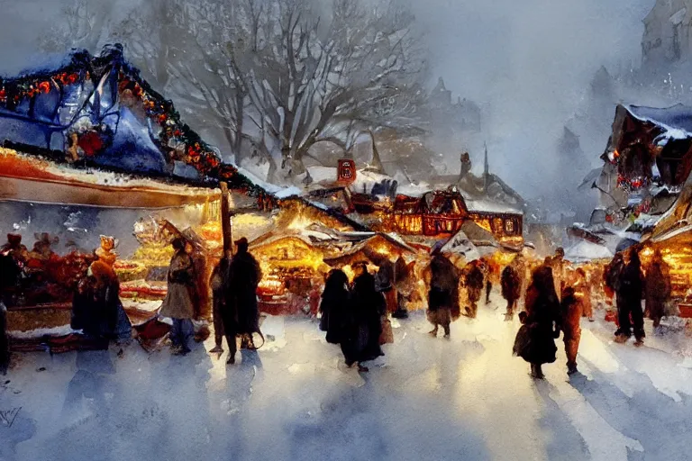 Prompt: abstract watercolor painting of village street, magic diamond crystal winter, traditional christmas market, cinematic light, national romanticism by anders zorn, by greg rutkowski, by greg manchess