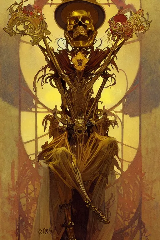 Prompt: A skeleton wearing golden mask, fantasy, crown, painting by greg rutkowski and alphonse mucha