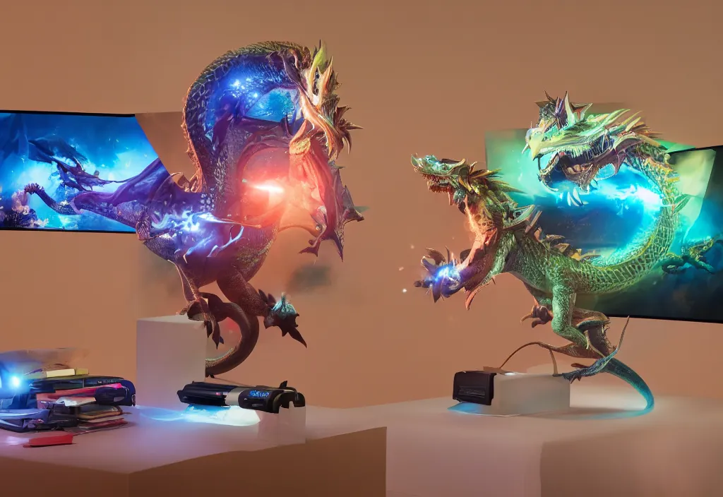 Image similar to 3 d dragon popping out of curved movie screen, volumetric lighting, bedroom, visor, users, pair of keycards on table, bokeh, creterion collection, shot on 7 0 mm, instax