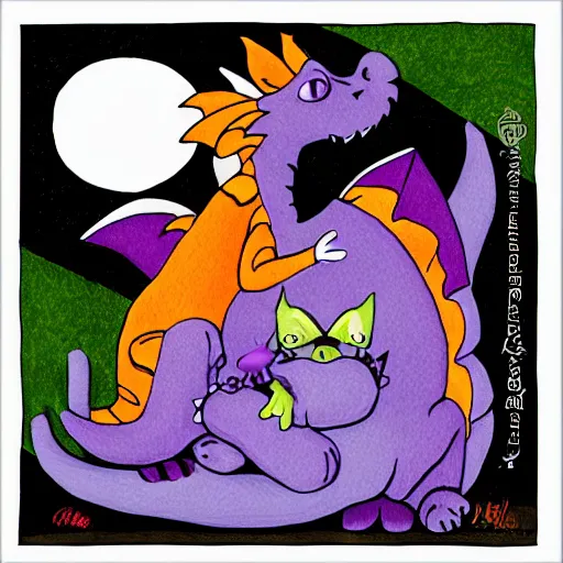 Prompt: small cute purple dragon, the dragon is hugging an orange tabby cat, soft, cozy