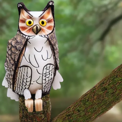 Image similar to winged cat owl hybrid perched on a tree