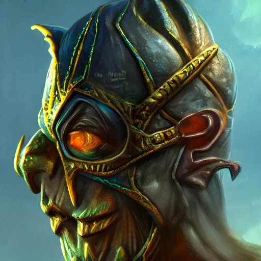 Prompt: Bright, colorful, realistic dark gritty individual elder scrolls morrowind Dagoth Ur, powerful Chimer lord head shot golden headdress backlighting, kodachrome, high contrast, highly detailed, sharp focus, digital painting, concept art, illustration, trending on artstation, comic book by Alex Ross cover art