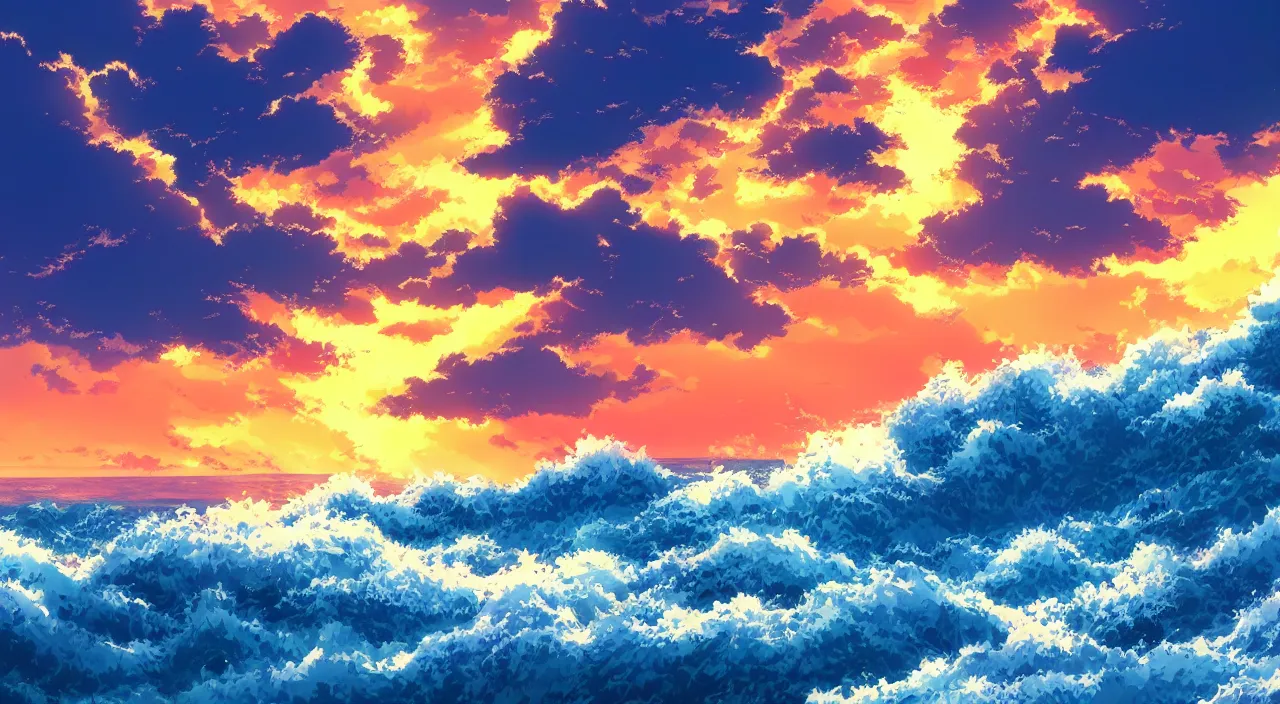 Image similar to anime landscape wallpaper, rough waves simulated crystal clear waves, ocean cliff side, sunset clouds