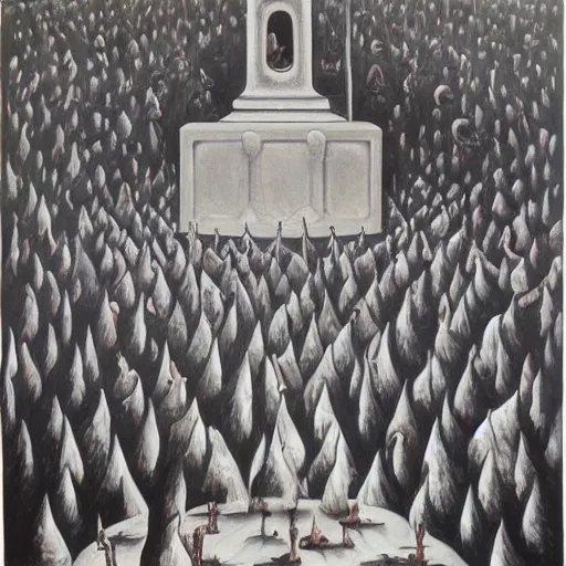 Prompt: A summoning ritual by Charles Addams, detailed, oil on canvas