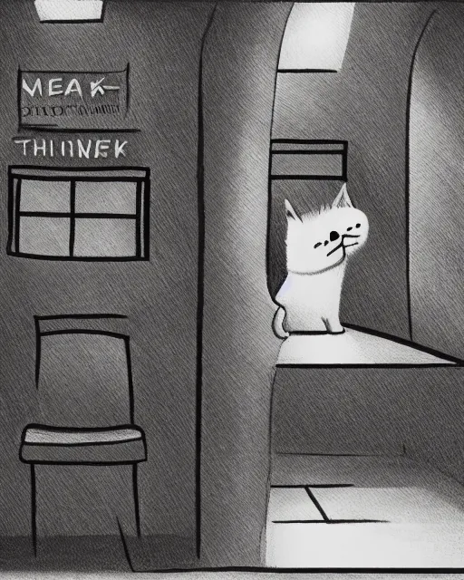 Image similar to a cat seated on the subway, cross-legged. White background. New Yorker cartoon. B&W. Black and white.