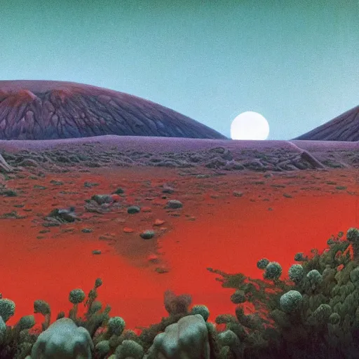 Image similar to a landscape on the moon with many craters, barren moon landscape, a broken moon lander, in a big crater at the center there is a beautiful flowering garden, 8 k, lowbrow in the style of roger dean and martin johnson heade,