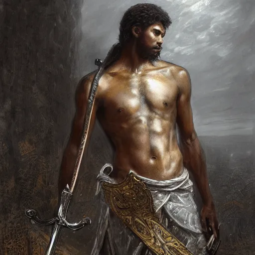 Image similar to artstation concept of a Young man with a bare upper body holding a sword in both hand, brown skin, face, silver garment, shiny colorful, hyperdetailed, artstation trending, world renowned artists, worth1000.com, historic artworks society, antique renewel, cgsociety, by greg rutkowski, by Gustave Dore, Deviantart