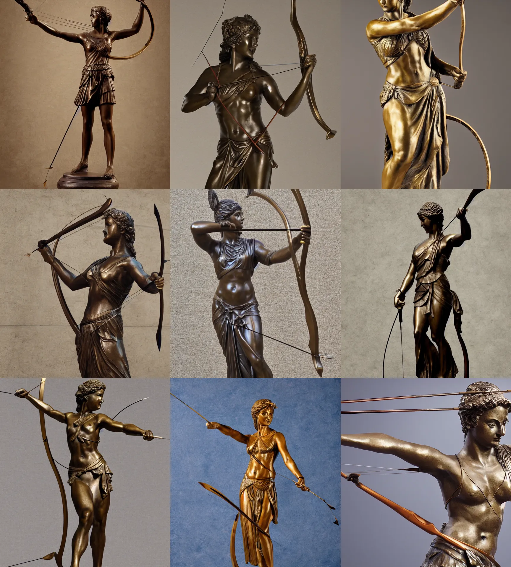 Prompt: a 4 k photorealistic photo medium shot of a bronze statue of a greek goddess holding a bow and arrow.