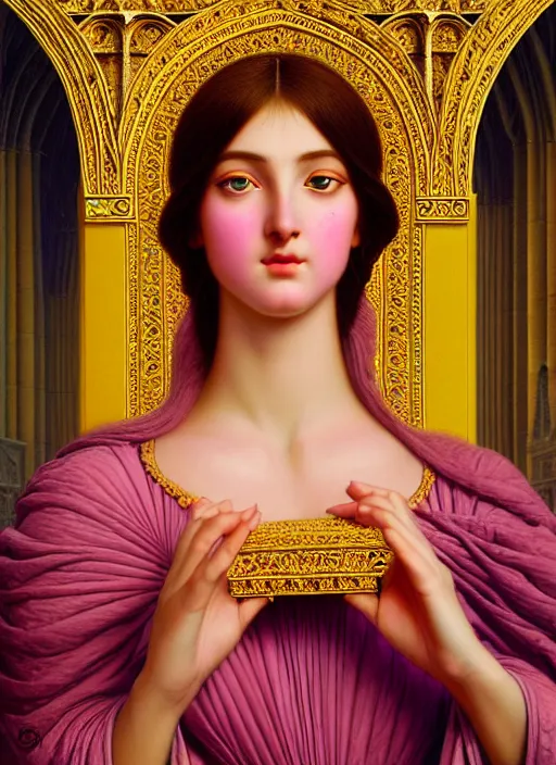 Image similar to portrait of a beautiful young goddess' face merging with a cathedral building, unusual beauty, etheric, outworldly colours, emotionally evoking symbolic metaphors, head in focus, fantasy, ornamental, intricate, elegant, highly detailed digital painting, artstation, concept art, painterly, golden ratio, sharp focus, illustration, art by John William Godward and Raphael and Alphonse Mucha and Zdzisław Beksiński,