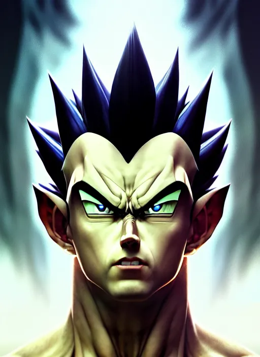 Image similar to by greg rutkowski, symmetry, concept art by artgerm, distance render portrait of a hyper realistic prince vegeta, intense, epic, ssj, alphonse mucha, octane render, highly detailed, high quality, 8 k, soft lighting, path traced, and uang guangjian and gil elvgren, symmetry!!