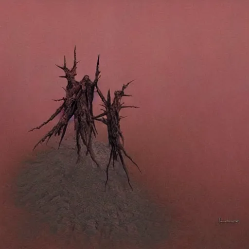 Prompt: mother, wrapped in thorns, in a desolate, charred desert, high contrast, dark red, HDR, painted by zdzislaw beksinski