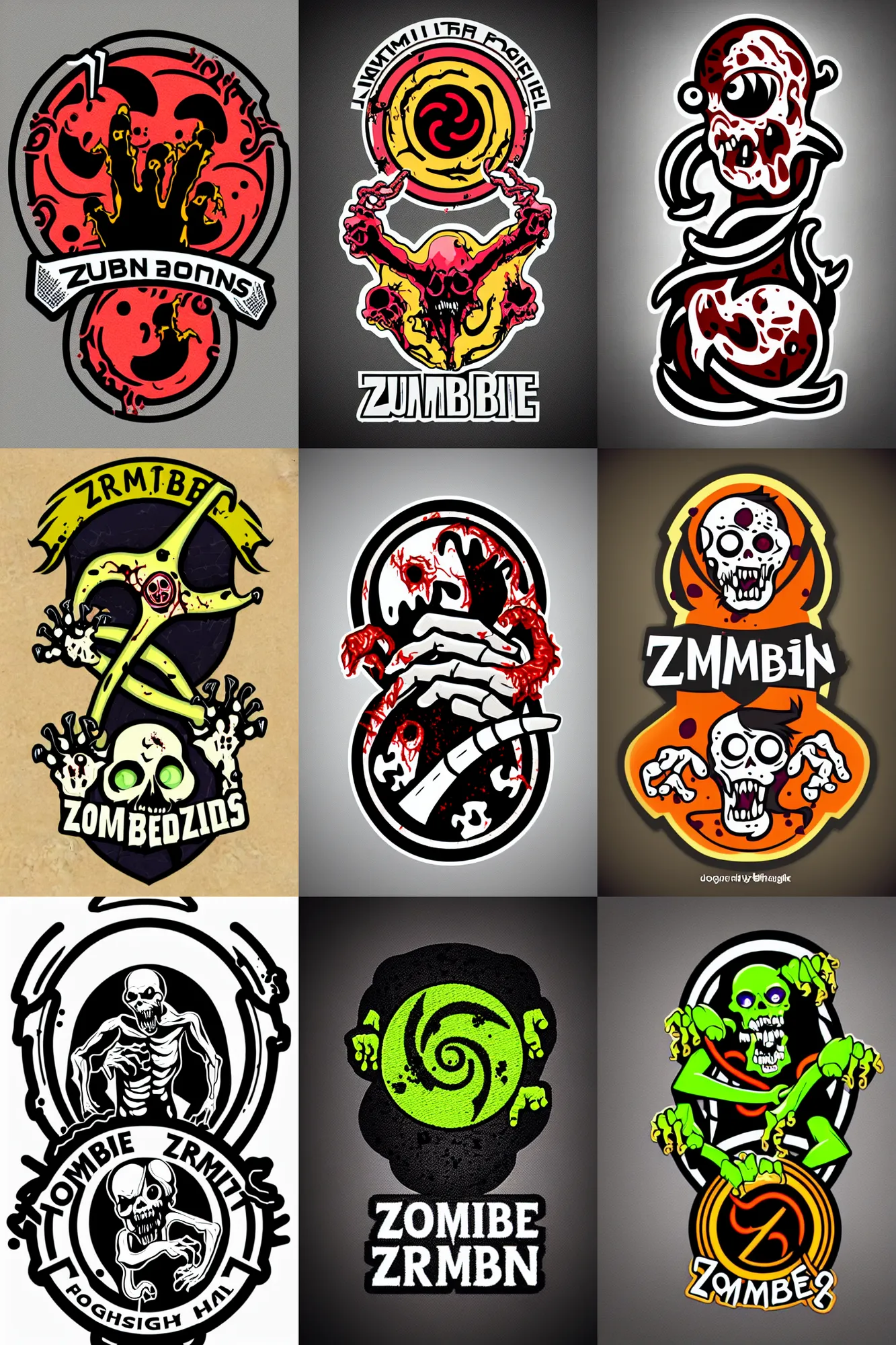 Prompt: logo design, zombie arms out in front, patch logo, high detail spiral design