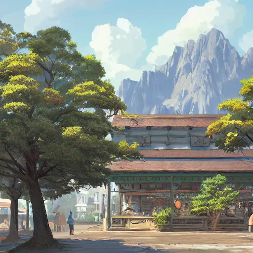 Prompt: concept art painting of a historic bakery with european and japanese architecture, surrounded by trees and mountains, realistic, detailed, cel shaded, in the style of makoto shinkai and greg rutkowski and james gurney