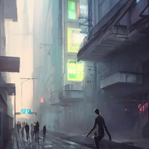 Image similar to concept art by greg rutkowski, a very tall and slender young man walking through the interior of a brutalist looking neighborhood full of holograms and shops while he smokes a cigarette, ambient lighting in neon tones, scifi, highly detailed portrait, digital painting, artstation, concept art, smooth, sharp foccus ilustration, artstation hq