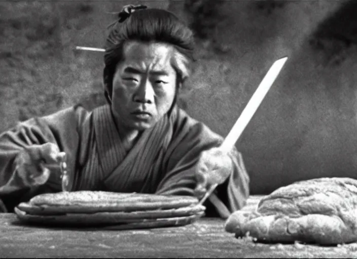 Image similar to a movie still of a samurai slicing through a loaf of bread by Akira Kurosawa