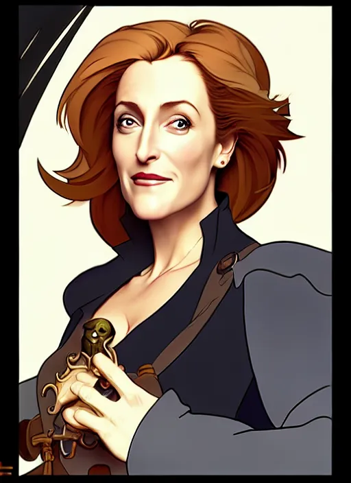 Image similar to cute gillian anderson as a pirate wearing black. parrot on his shoulder, natural lighting, path traced, highly detailed, high quality, digital painting, by don bluth and ross tran and studio ghibli and alphonse mucha, artgerm