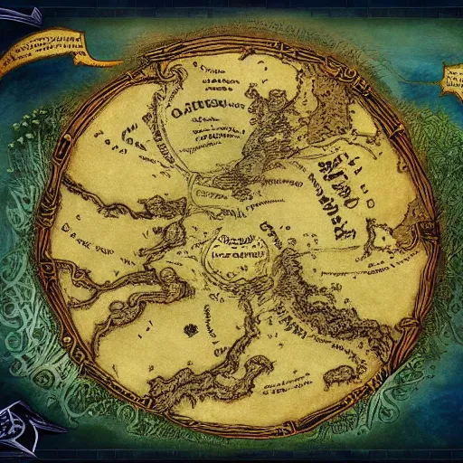 Prompt: simple fantasy map, the land of Odrua, several continents arranged in an arc, world of Lute, by JRR Tolkien and Brian Froud, fantasy map dungeons and dragons, trending on art station, oceans, continents