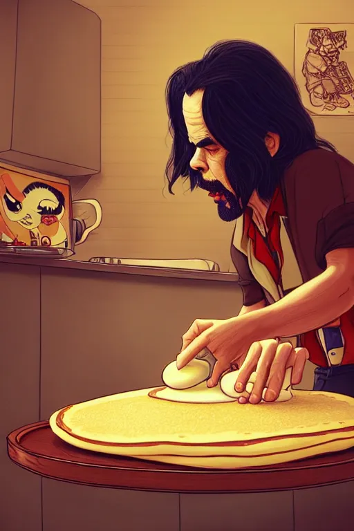 Prompt: 1 9 8 5 nick cave making pancakes, animation pixar style, by pendleton ward, magali villeneuve, artgerm, rob rey and kentaro miura style, golden ratio, trending on art station