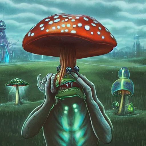 Prompt: a centered chest up portrait of a psychedelic demonic anthropomorphic frog smoking a hand - rolled cigarette smoking heavily, magic mushroom village in background. award winning. superb resolution. in the art style of junji ito and greg rutkowski. detailed mushroom city in background. hyper realistic anime. perfect art. dalle 2